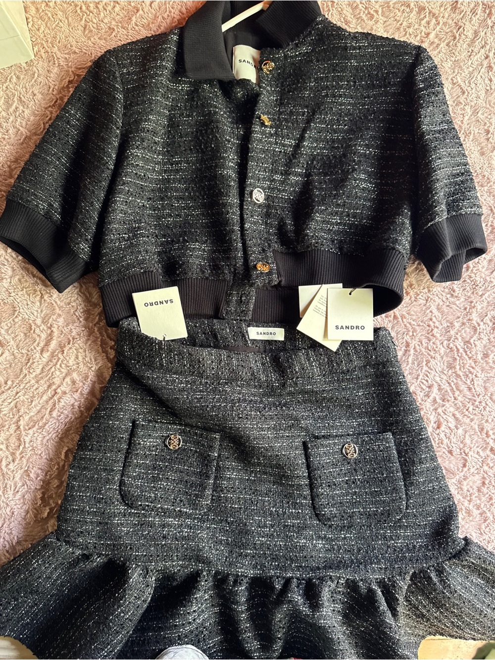 Sandro Black Tweed Two-Piece Set with Gold Buttons